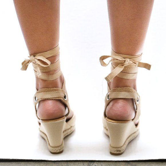 New Beige Lace Up Espadrille Wedge Heel Sandals - Picture 3 of 3